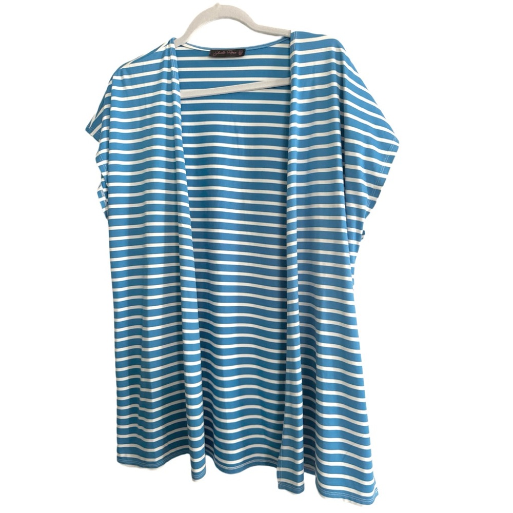 Shiela Rose Blue and White Striped Open Front Vest Cardigan, 2X